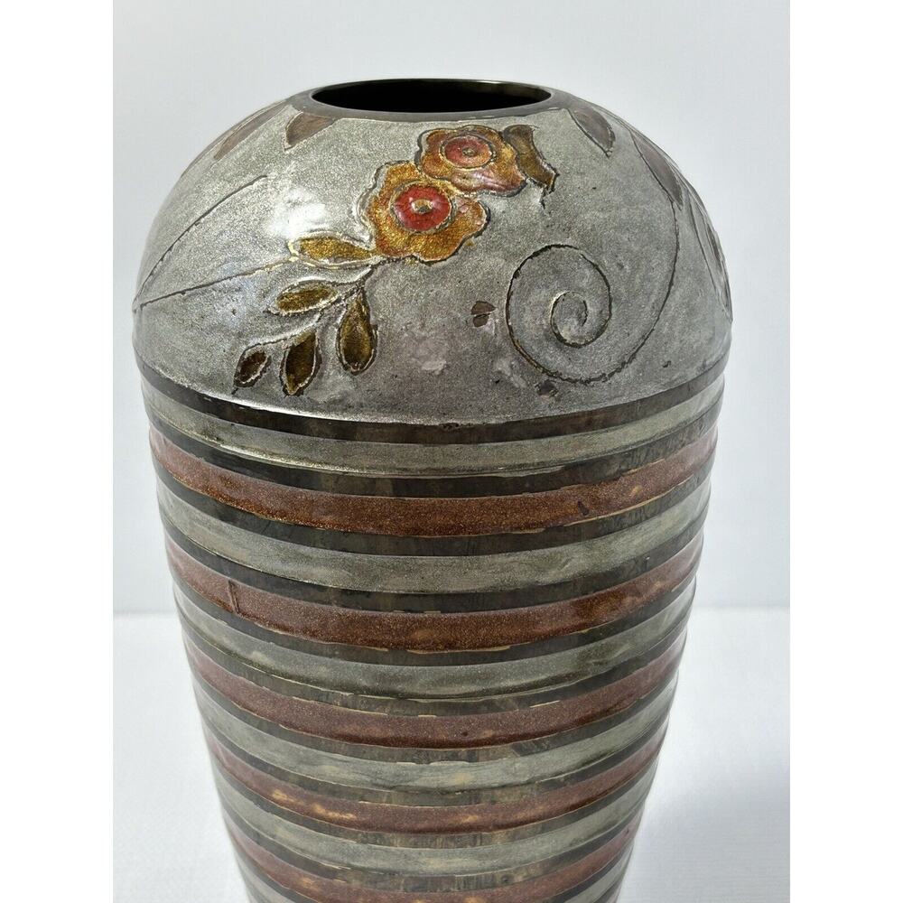 Vintage Brass Cloisonne Flower‎ Decor Vase~Floral~Earthtones~India~10.25"